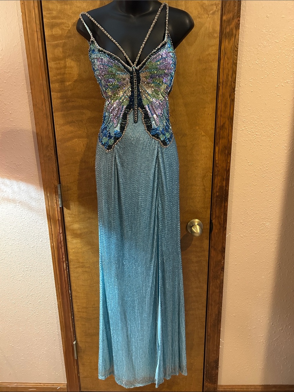 Sherri Hill Blue Sequin Butterfly-Embellished Prom Dress